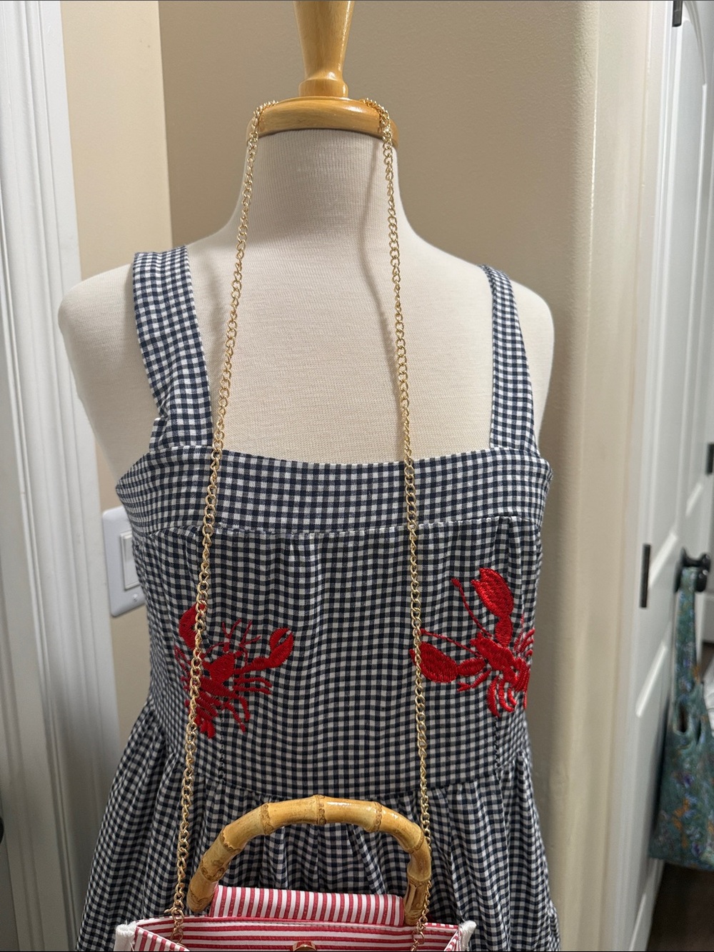 Blue and White Gingham Dress with Red embroidered lobsters. And matching purse. - Picture 11 of 12